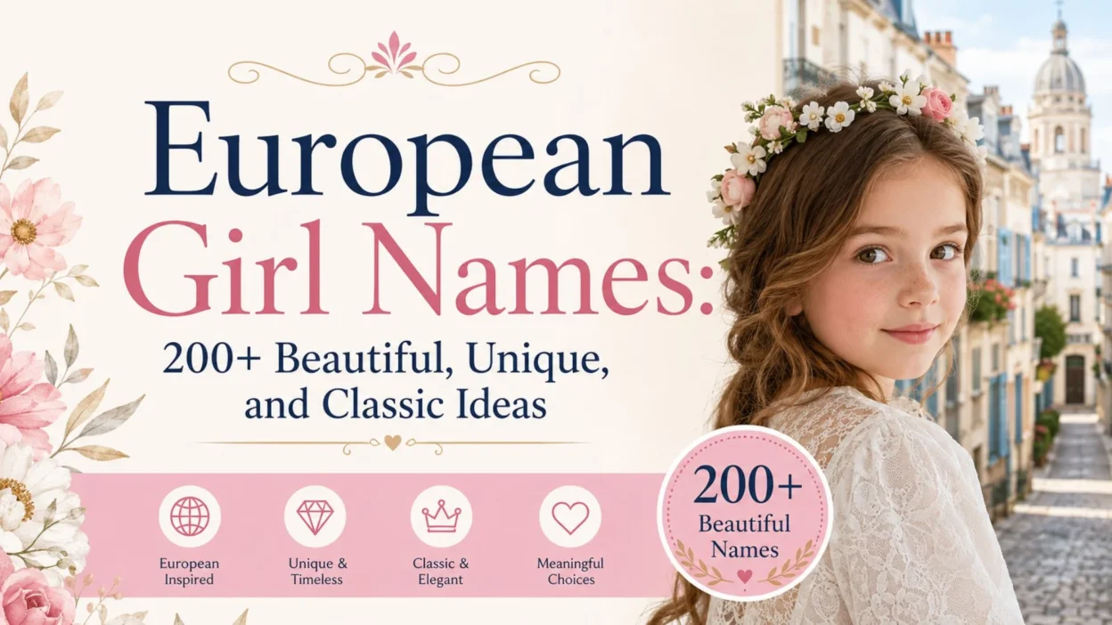 European girl names featuring beautiful, unique, and classic name ideas with a young girl in a floral setting