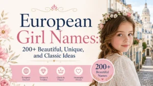 European girl names featuring beautiful, unique, and classic name ideas with a young girl in a floral setting