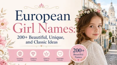 European girl names featuring beautiful, unique, and classic name ideas with a young girl in a floral setting