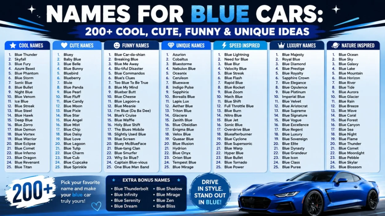 Names for Blue Cars: 200+ cool, cute, funny, and unique blue car name ideas