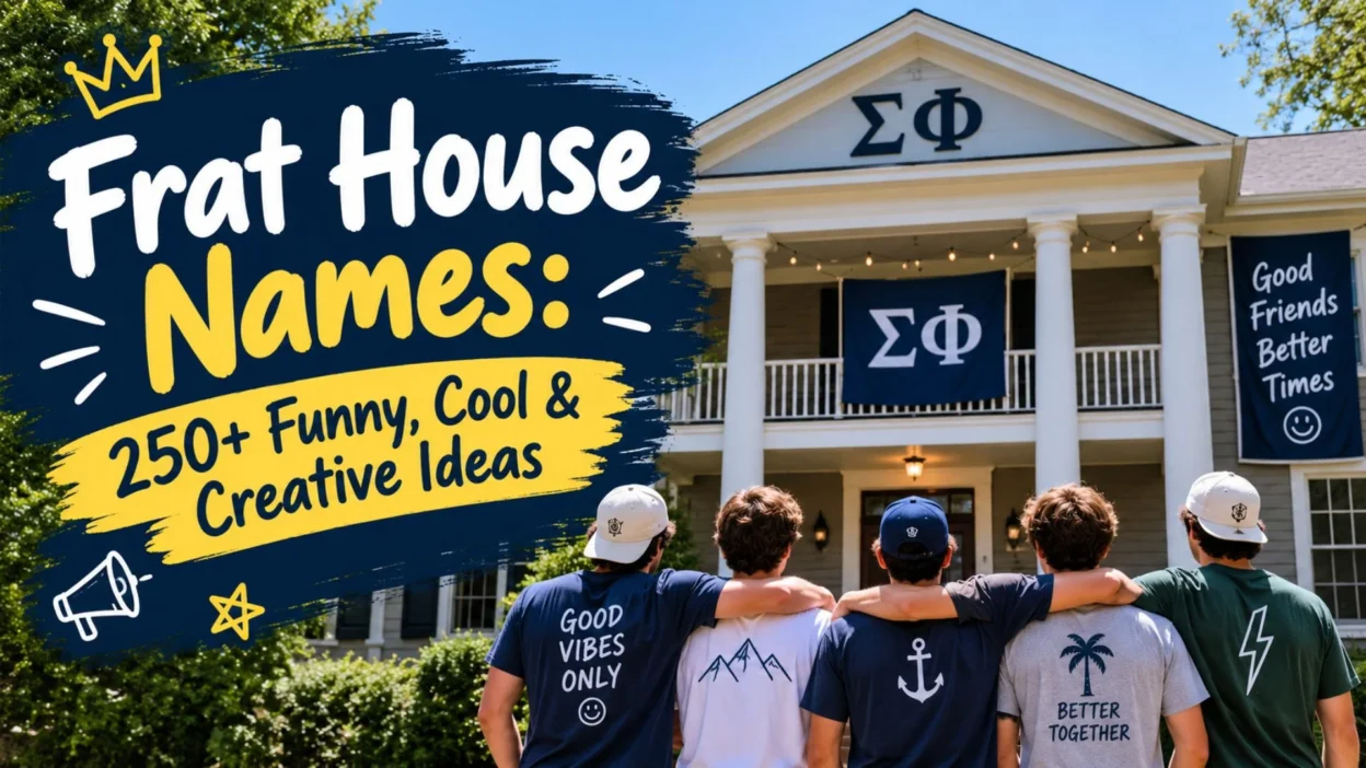 Frat house names with 250+ funny, cool, and creative ideas displayed beside a modern college fraternity house.