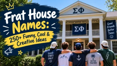 Frat house names with 250+ funny, cool, and creative ideas displayed beside a modern college fraternity house.