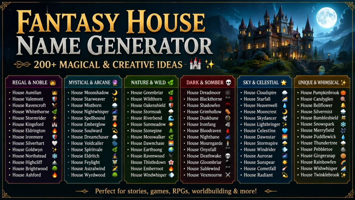 Fantasy house name generator with 200+ magical and creative names for stories, games, and RPGs. 🏰✨