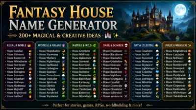 Fantasy house name generator with 200+ magical and creative names for stories, games, and RPGs. 🏰✨