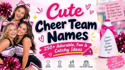 Cute cheerleaders with pom-poms representing adorable, fun, and catchy cheer team names. 🎀📣
