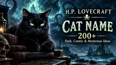 Black cat in a dark cosmic Lovecraftian setting with the text H.P. Lovecraft Cat Name ideas