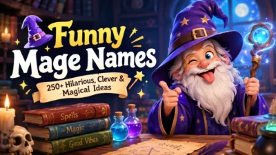 Funny mage names with a silly wizard surrounded by magical books, potions, and glowing spells