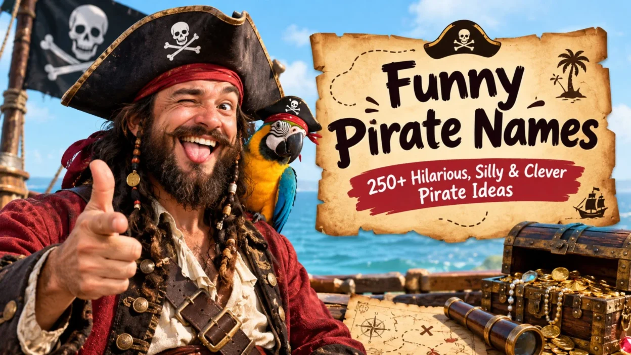 Funny pirate names with a goofy captain, parrot, treasure chest, and pirate ship