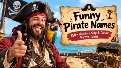 Funny pirate names with a goofy captain, parrot, treasure chest, and pirate ship