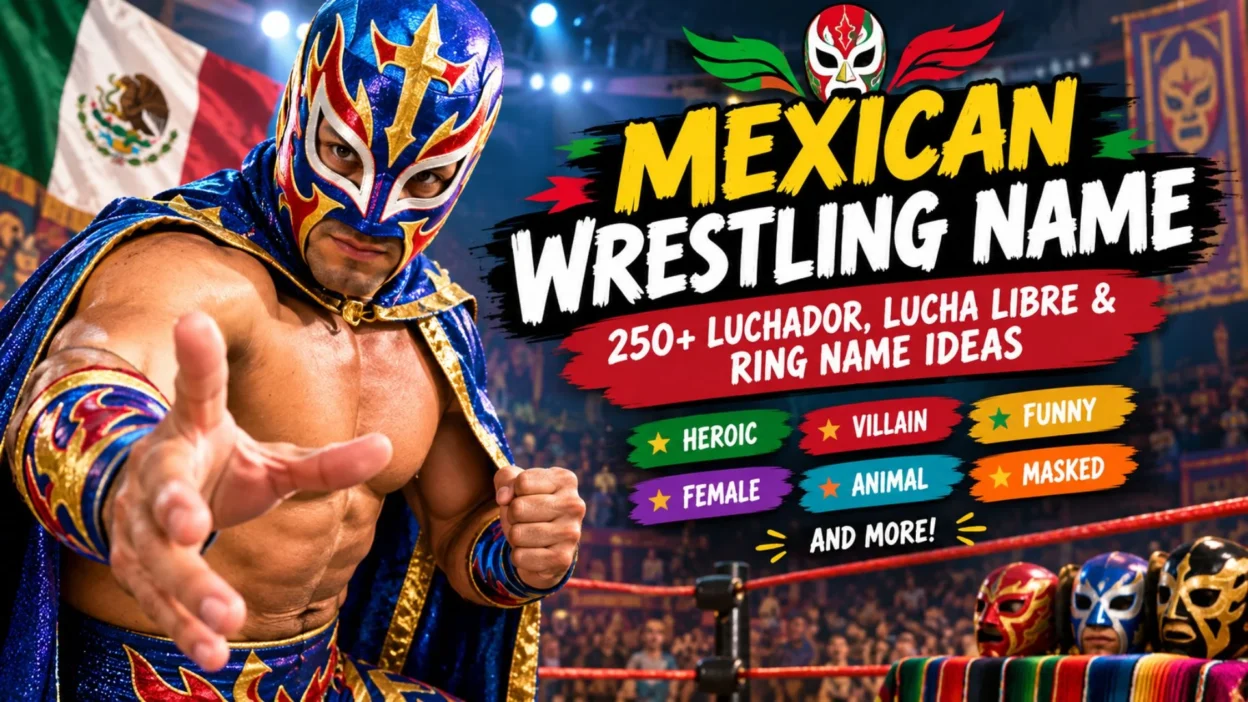 Mexican wrestling name ideas with a masked luchador in a colorful arena