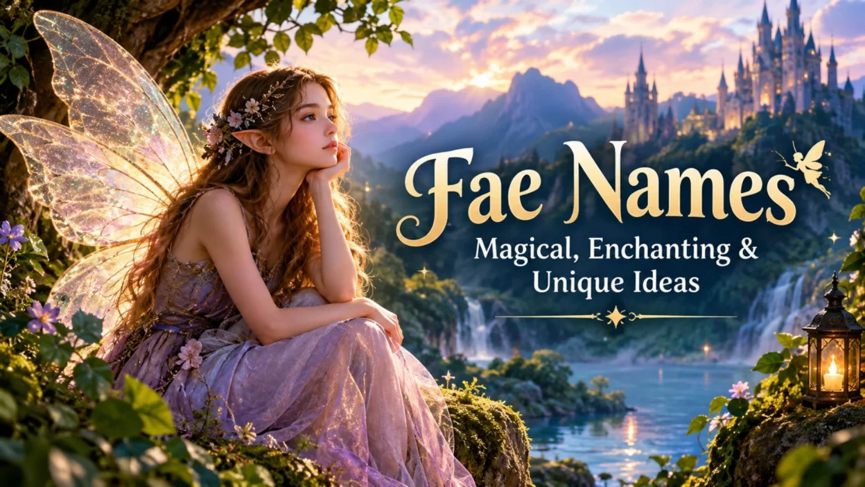 Fae fairy in an enchanted forest with glowing wings and magical castle