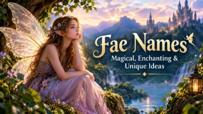 Fae fairy in an enchanted forest with glowing wings and magical castle