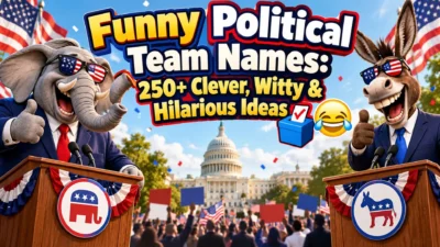 Funny political team names with humorous election-themed characters and voting graphics