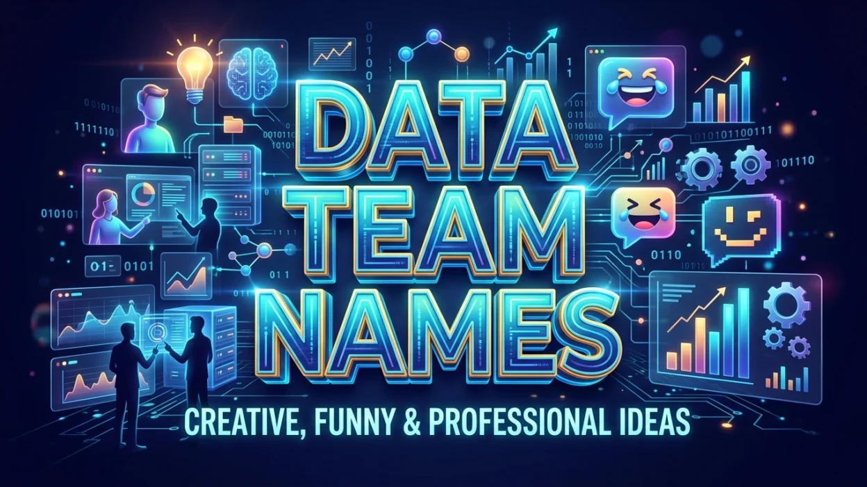 Creative data team names with analytics charts, data symbols, and a modern technology theme.