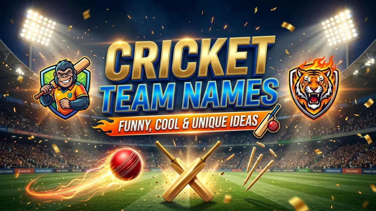 Cricket team names featured image with a cricket bat, ball, helmet, and stumps in a stadium