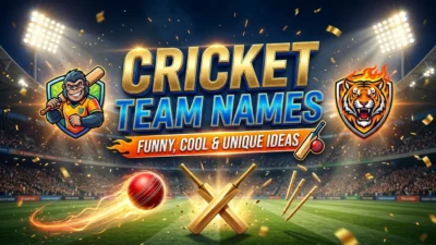 Cricket team names featured image with a cricket bat, ball, helmet, and stumps in a stadium