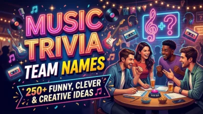 Music trivia team names with musical notes, headphones, and microphones.