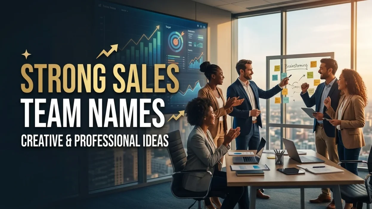 Strong sales team names with a professional business team celebrating success and teamwork