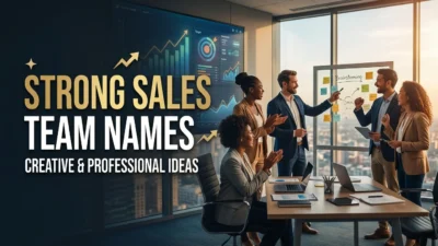 Strong sales team names with a professional business team celebrating success and teamwork