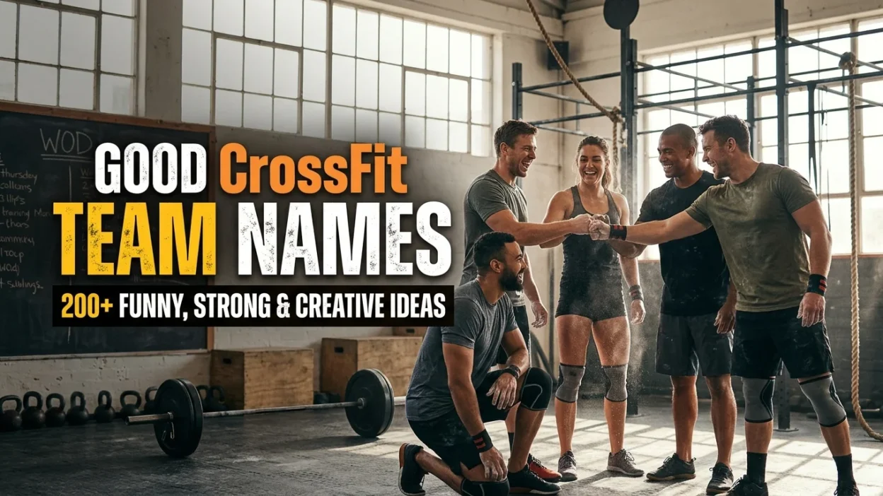Good CrossFit team names with barbells, dumbbells, and fitness workout equipment.