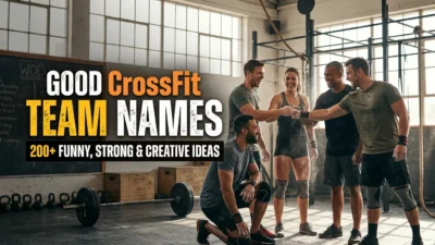 Good CrossFit team names with barbells, dumbbells, and fitness workout equipment.
